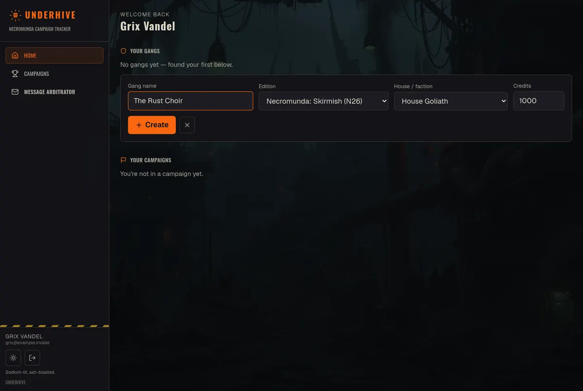 The home screen, with the gang creation form: name, edition, house and starting credits