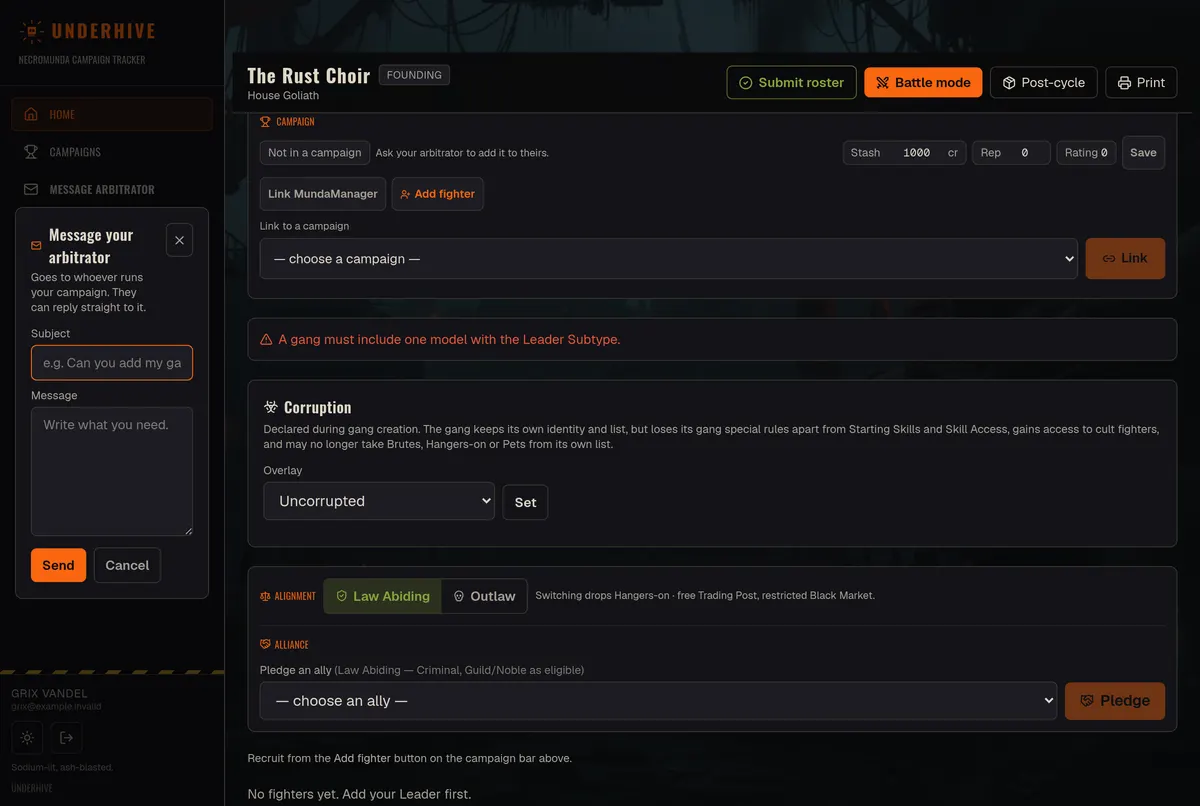 The Message arbitrator dialog open beside a gang that is not yet in a campaign