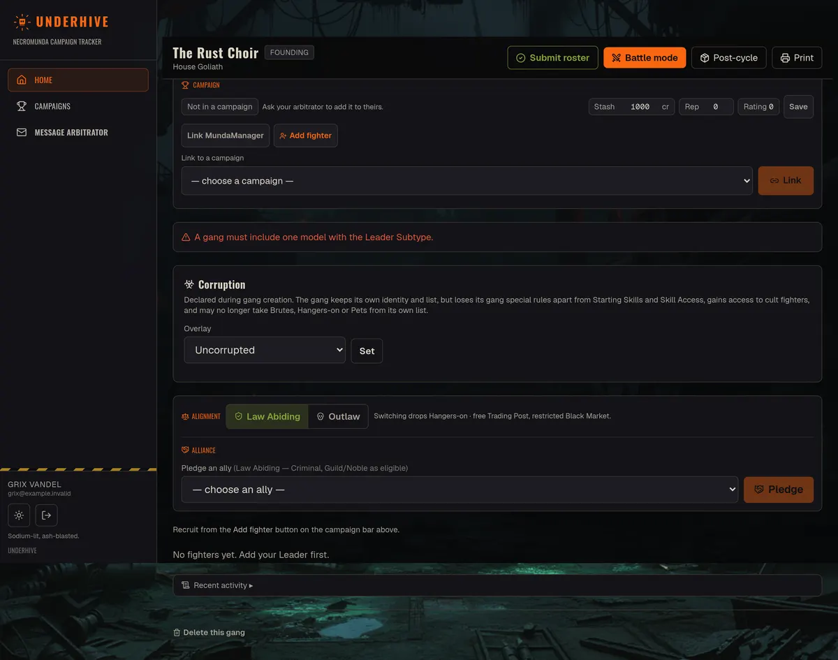 A newly founded gang roster, showing the campaign bar, corruption and alignment panels, and a warning that a Leader is required