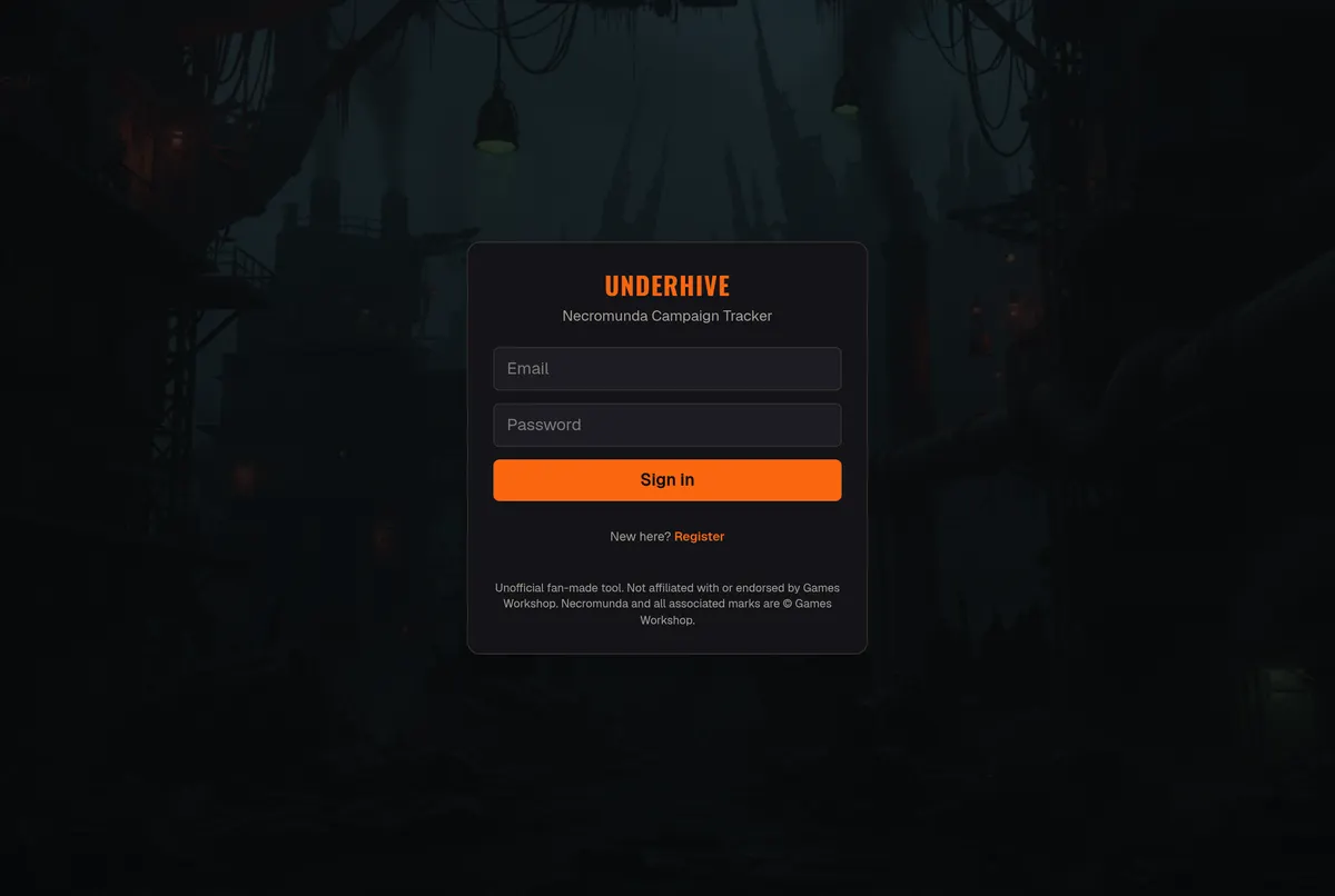 The Underhive sign-in screen, with its create-account form